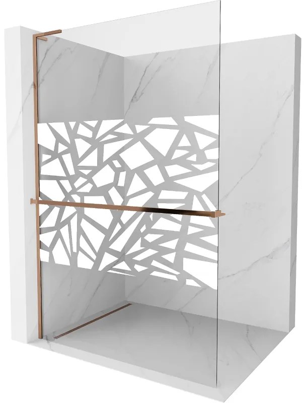 Mexen Kioto+ L, sprchová zástena Walk-In s poličkou a vešiakom 120 x 200 cm, 8mm číre sklo biely vzor, ružové zlato profil, 800-120-123-60-85
