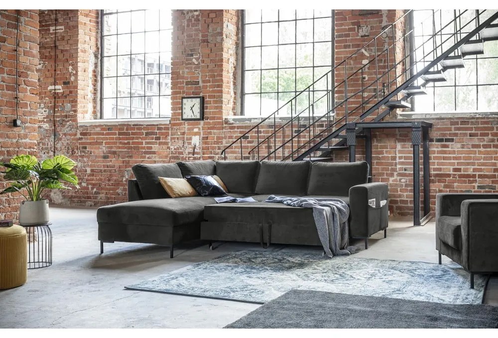 Tmavosivá zamatová rozkladacia rohová pohovka (ľavý roh) Lofty Lilly – Miuform