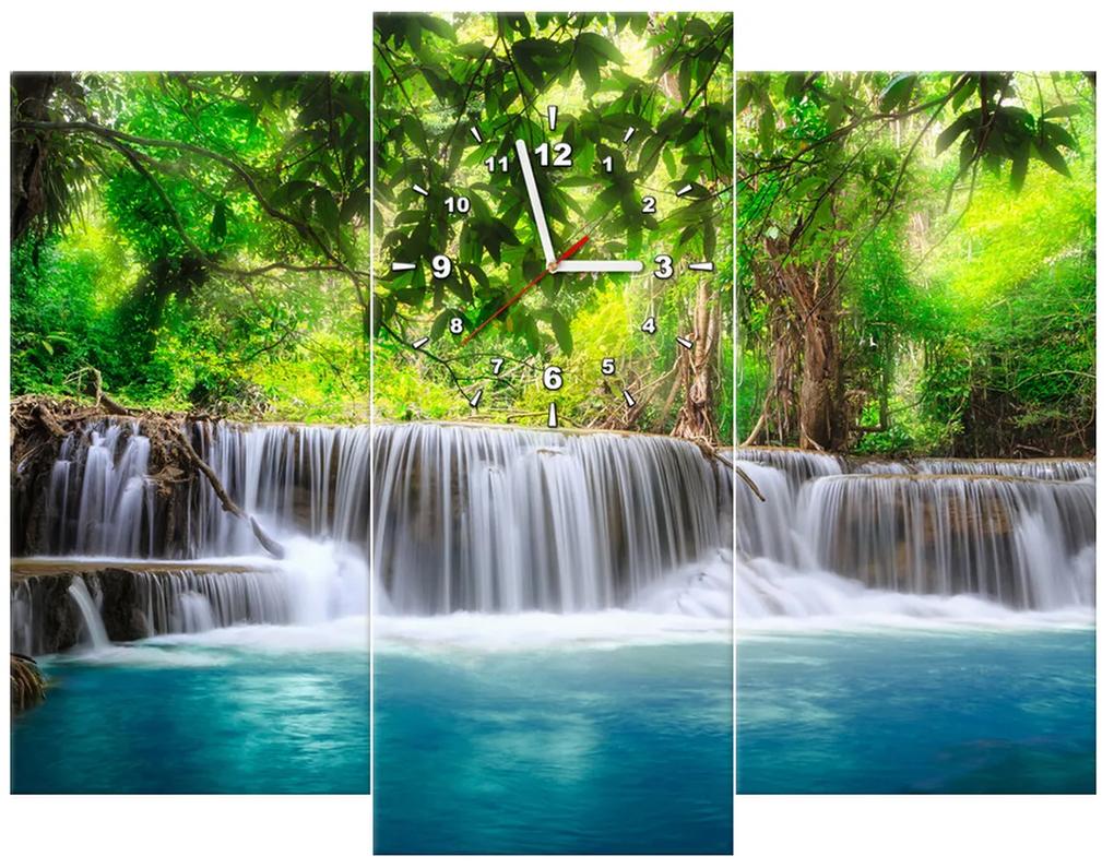 Gario Obraz s hodinami Číry vodopád v džungli - 3 dielny Rozmery: 80 x 40 cm