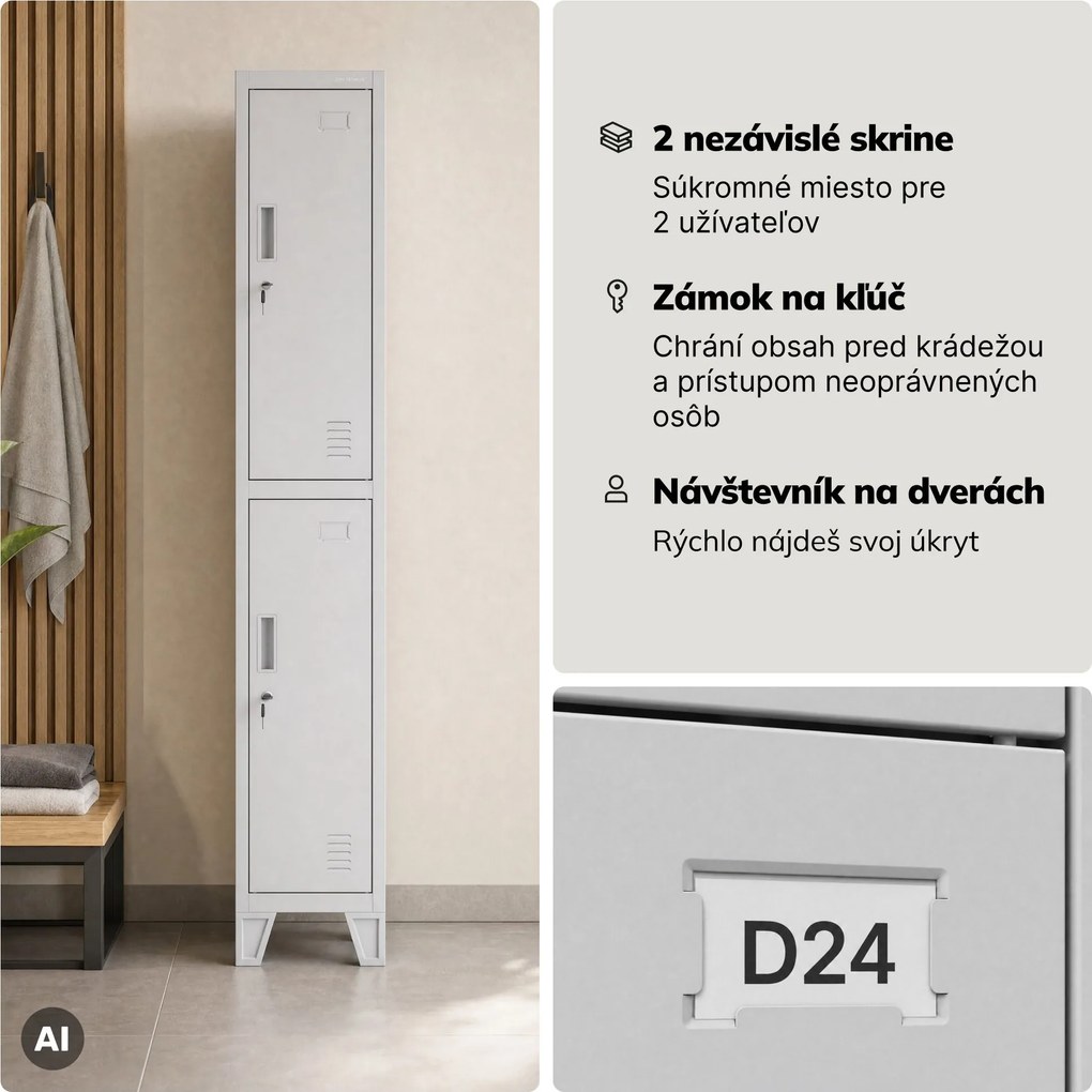 Šatníková skrinka kovová pracovná hlboká 2-dverová sivá, 292x1720x600 mm: BARTEK 1 Plus D600