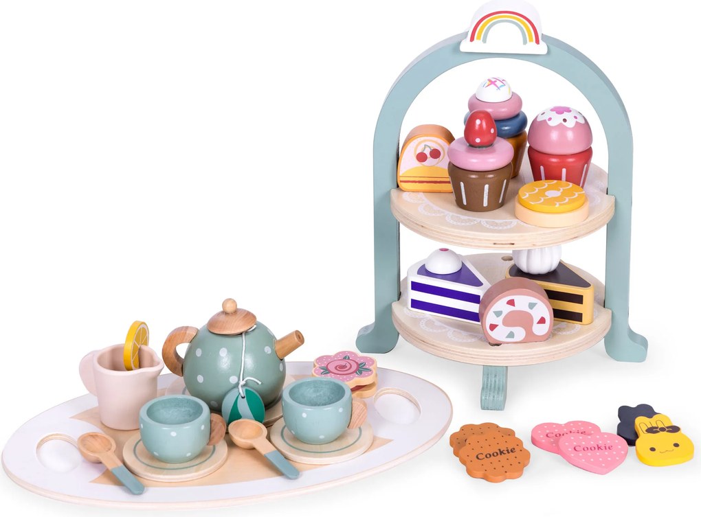 ECOTOYS Dřevěná čajová souprava se sladkostmi ECOTOYS, 27 dílů, od 3 let