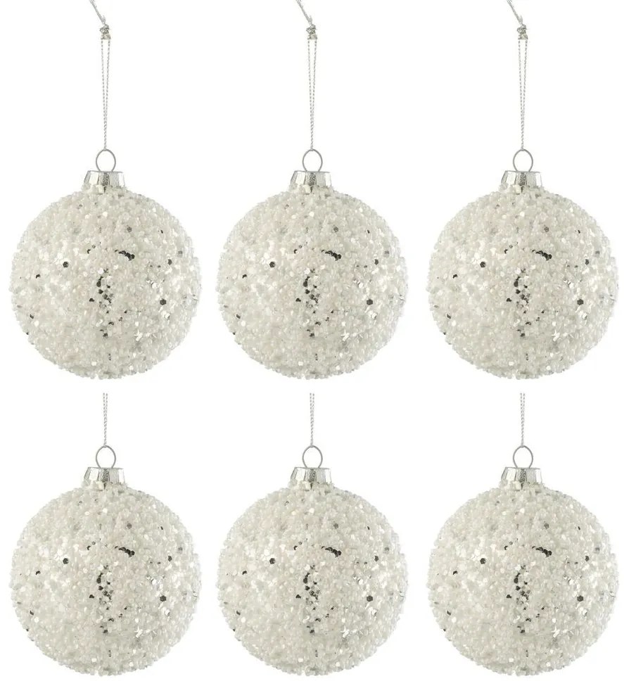 6ks biela strieborná vianočná sklenená ozdoba s korálkami - Ø 8 cm