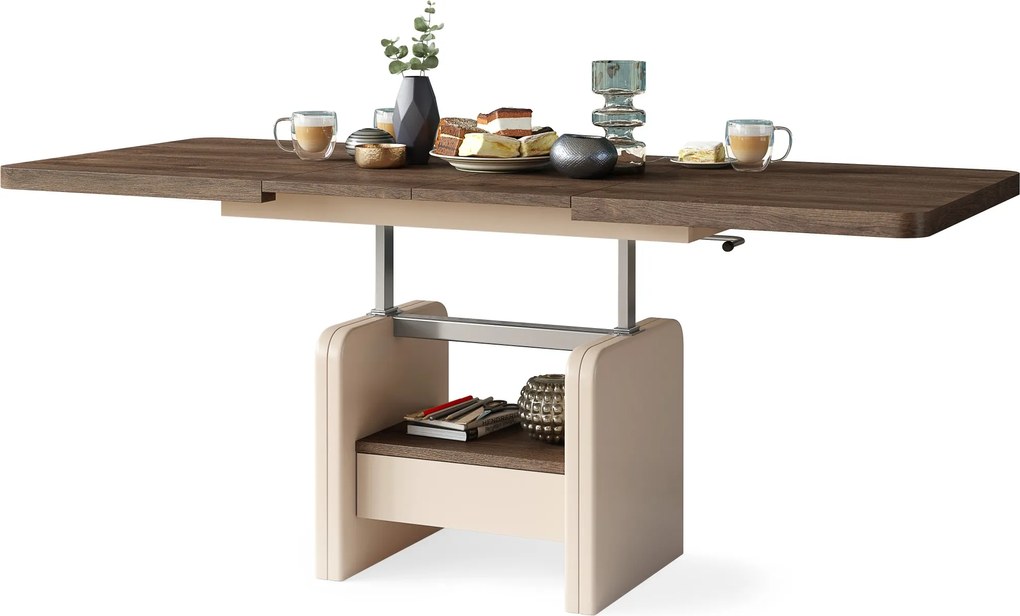 Konferenčný stolík LEXUS, rozkladací, s funkciou zdvíhania dosky, hnedý dub / béžový