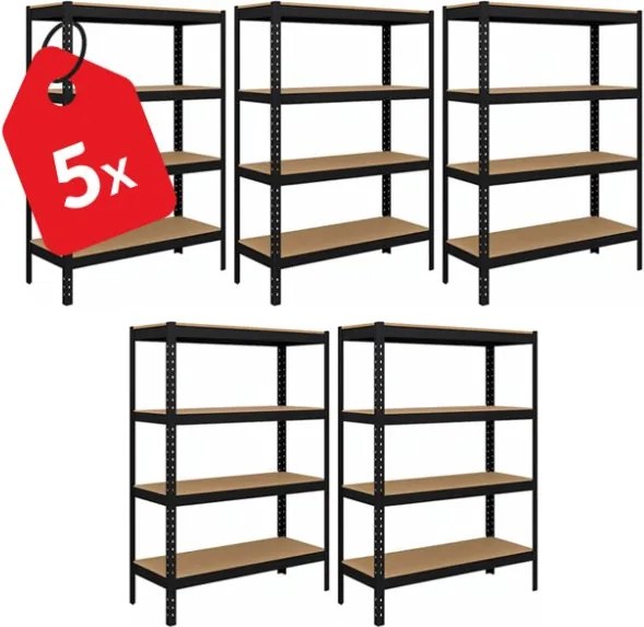 Akcia 5x Regál 150x70x30 cm lakovaný 4-policový, nosnosť 700 kg - čierny