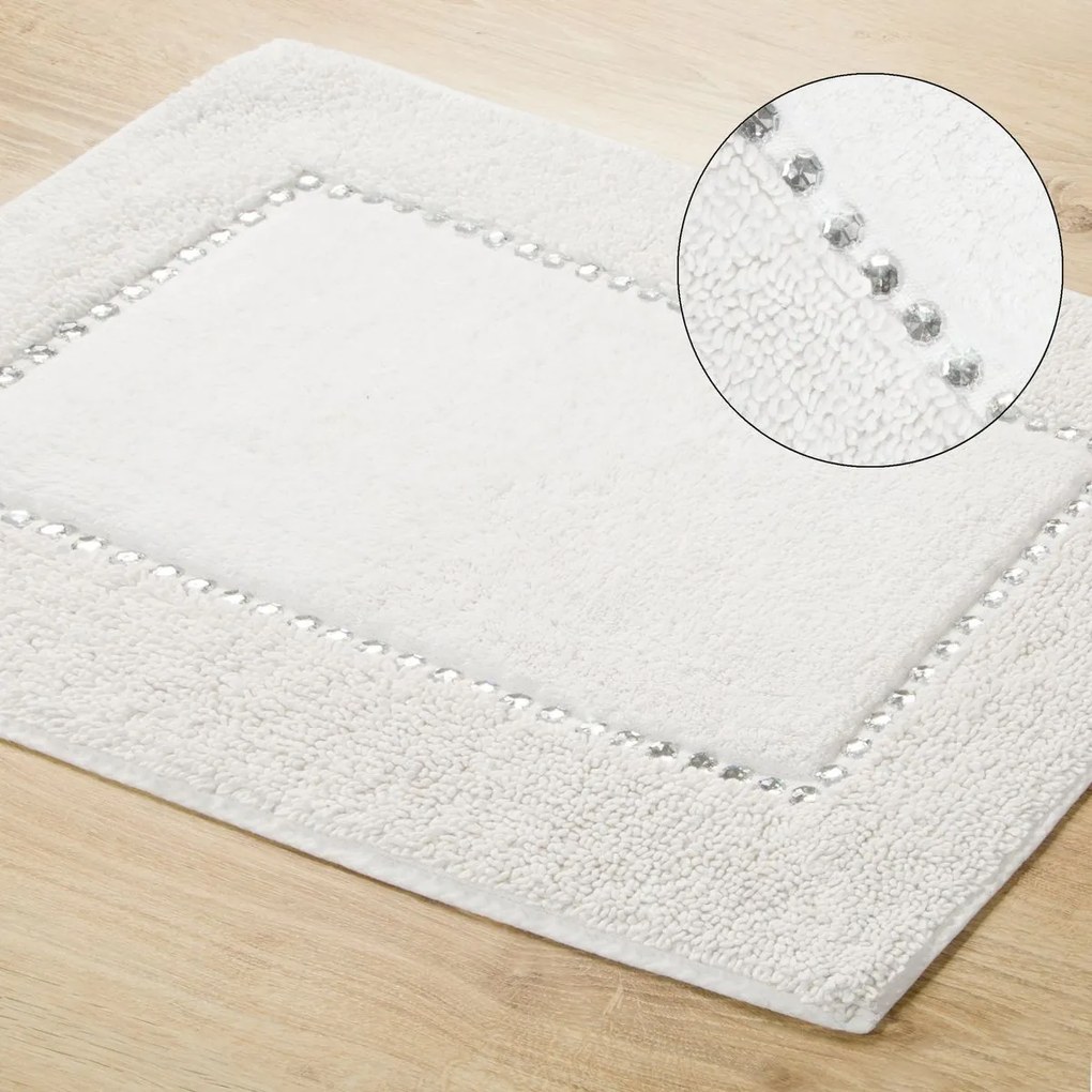 DomTextilu Biely bavlnený kúpeľňový koberec ozdobený kryštálikmi Šírka: 60 cm | Dĺžka: 90 cm 44479-208066
