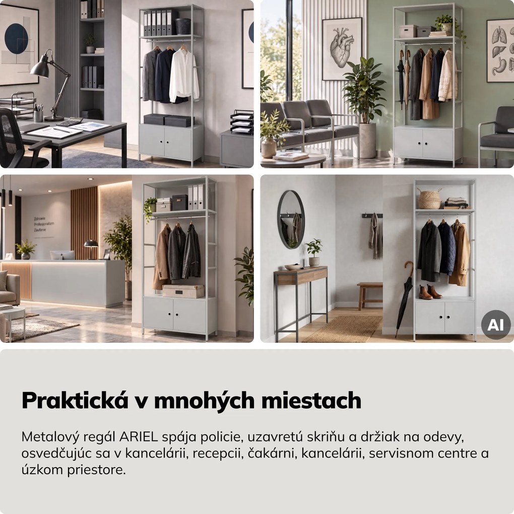 Kancelársky regál otvorený s tyčou na oblečenie, do recepcie a čakárne, kovový, sivý, 800x2200x400 mm: ARIEL