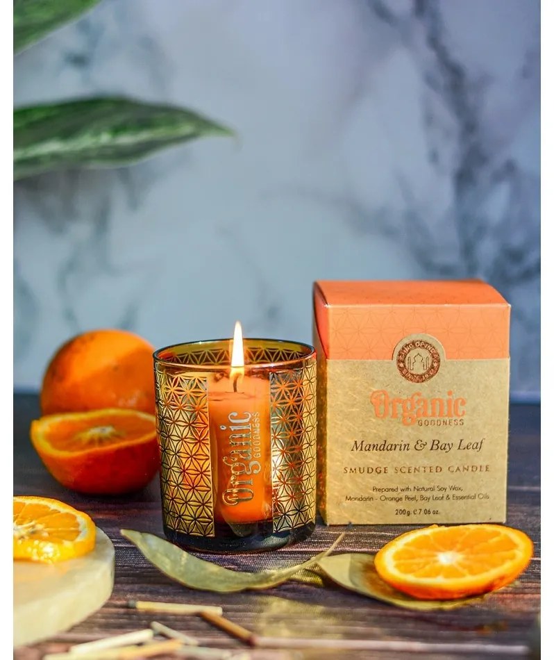 Organická vykurovacia sviečka Mandarin & Bay Leaf 200 g v skle so zlatou fóliou