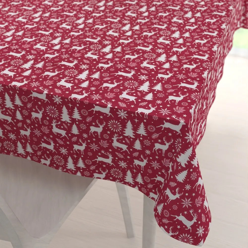 Biante Zamatový obdĺžnikový obrus Tamara TMR-045 Vianočné jelene a stromčeky na červenom 120x140 cm