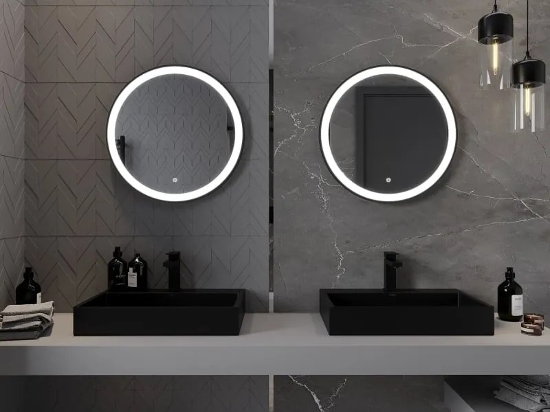Mexen Esso podsvietené kúpeľňové zrkadlo, okrúhle 60 cm, LED 6000K, proti zahmlievaniu, čierny rám - 9825-060-060-611-70