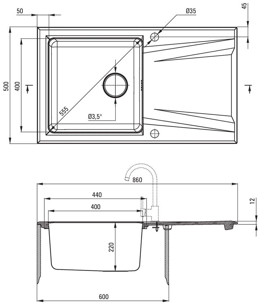Deante Prime, granitovo-nerezový drez 860x500x220 mm, 3,5" + priestorovo úsporný sifón, 1-komorový, antracitová metalíza, ZSR_T113