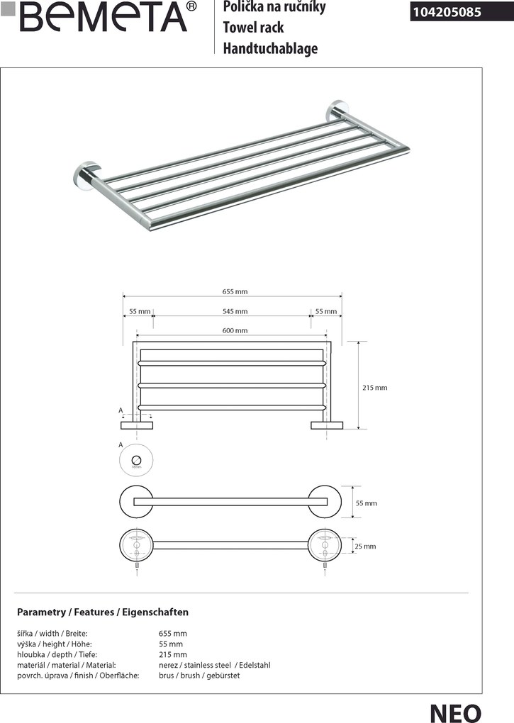 Bemeta Design NEO: Držiak uterákov, 600 mm - 104205085