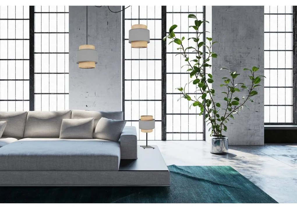 Stolná lampa Boho, 1x jutové/sivé textilné tienidlo