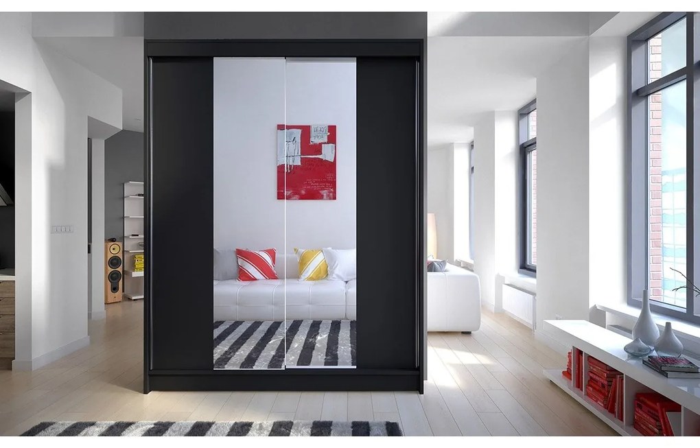Skriňa s posuvnými dverami Belgia II, Farby: biela / čierna + zrkadlo, Osvetlenie: osvetlenie LED RGB - farebné