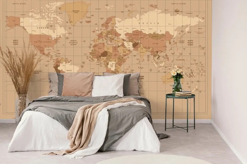 Samolepiaca tapeta mapa sveta v béžovom odtieni - 375x250
