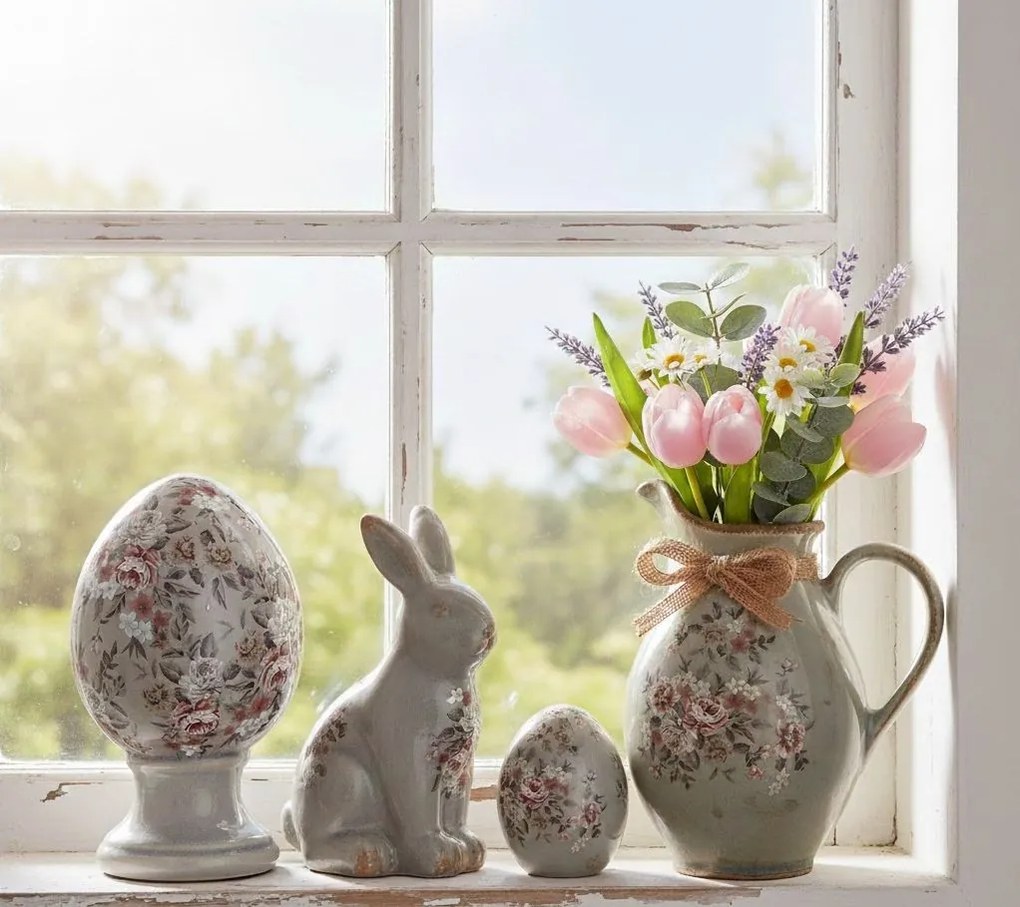 Decorative Figurine Egg ? 10x12 Cm Grey Ceramic Flowers - ? 10*12 cm