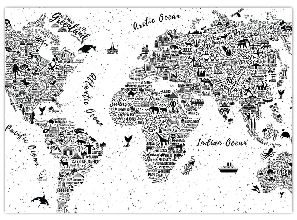 Sklenený obraz - Mapa z piktogramov (70x50 cm)
