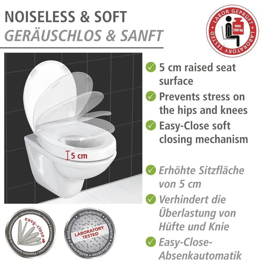 Mierne zvýšené WC sedadlo s jednoduchým zatváraním pre seniorov Wenko Secura, 43,5 × 37 cm