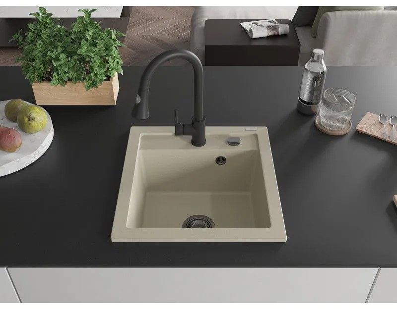 Mexen Vito, 1-komorový granitový drez 490x520x210 mm a drezová batéria Elia, béžová, 6503-69-670101-70