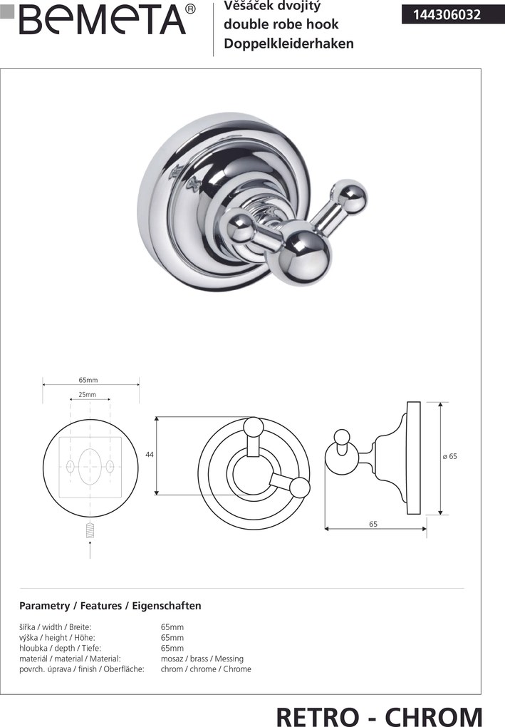 Bemeta Design RETRO chróm: Háčik, dvojitý - 144306032