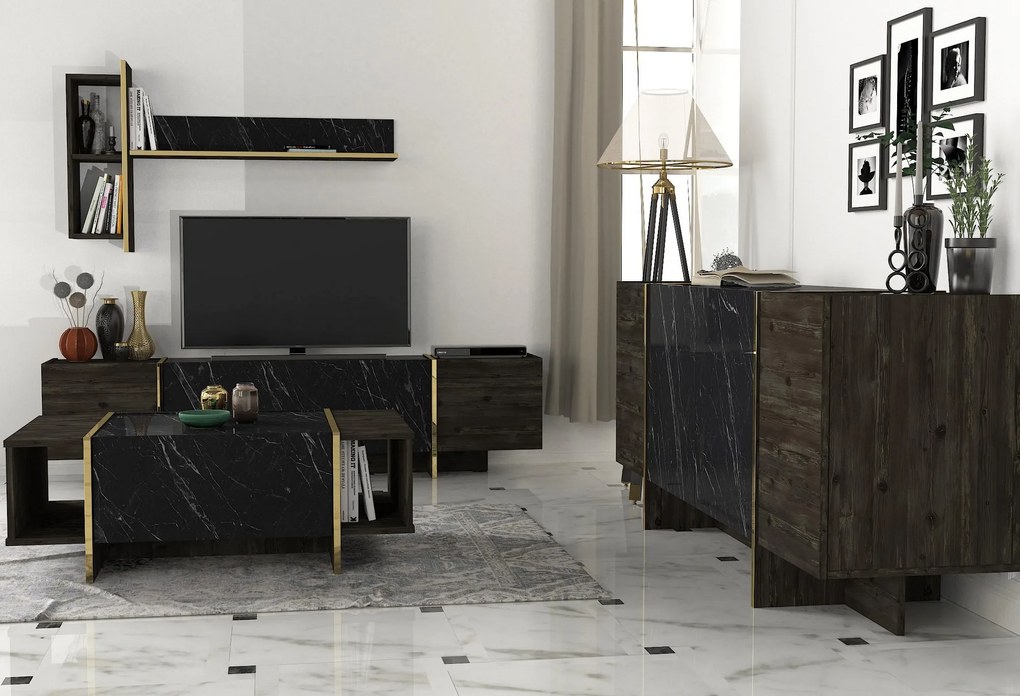 Súprava nábytku do obývacej izby Veyron hnedá/mramor/zlatá