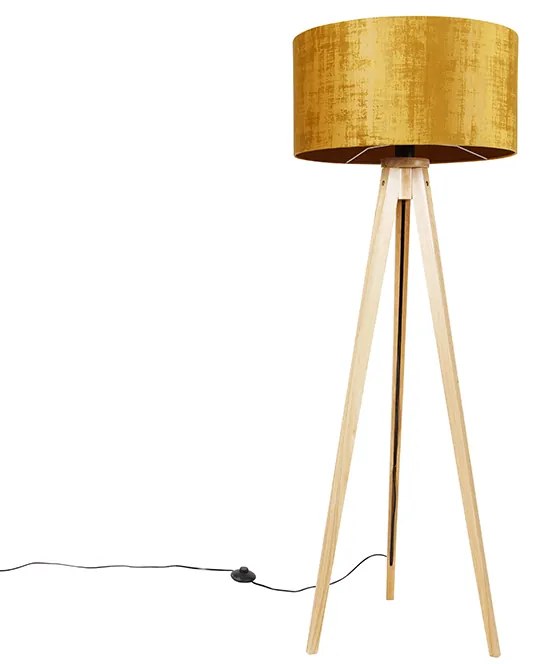 Stojaca lampa drevená s látkovým tienidlom zlatá 50 cm - Tripod Classic