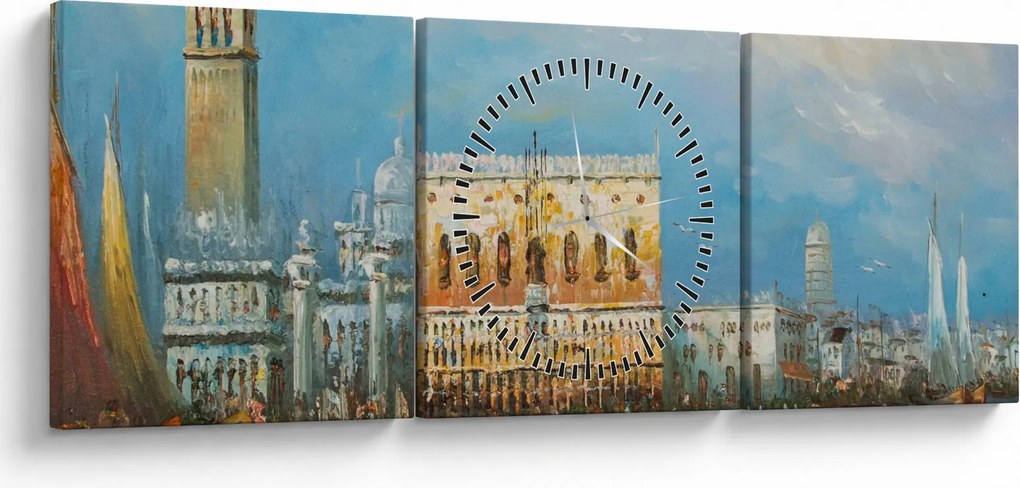 Obraz - Gondola prechádzajúca Benátkami, olejomaľba (s hodinami) (90x30 cm)