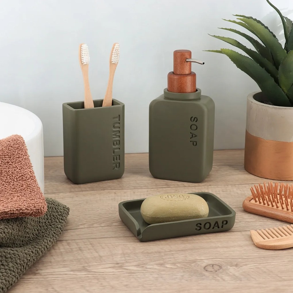 Sada kúpeľňových doplnkov Salva, olivová/s drevenými prvkami