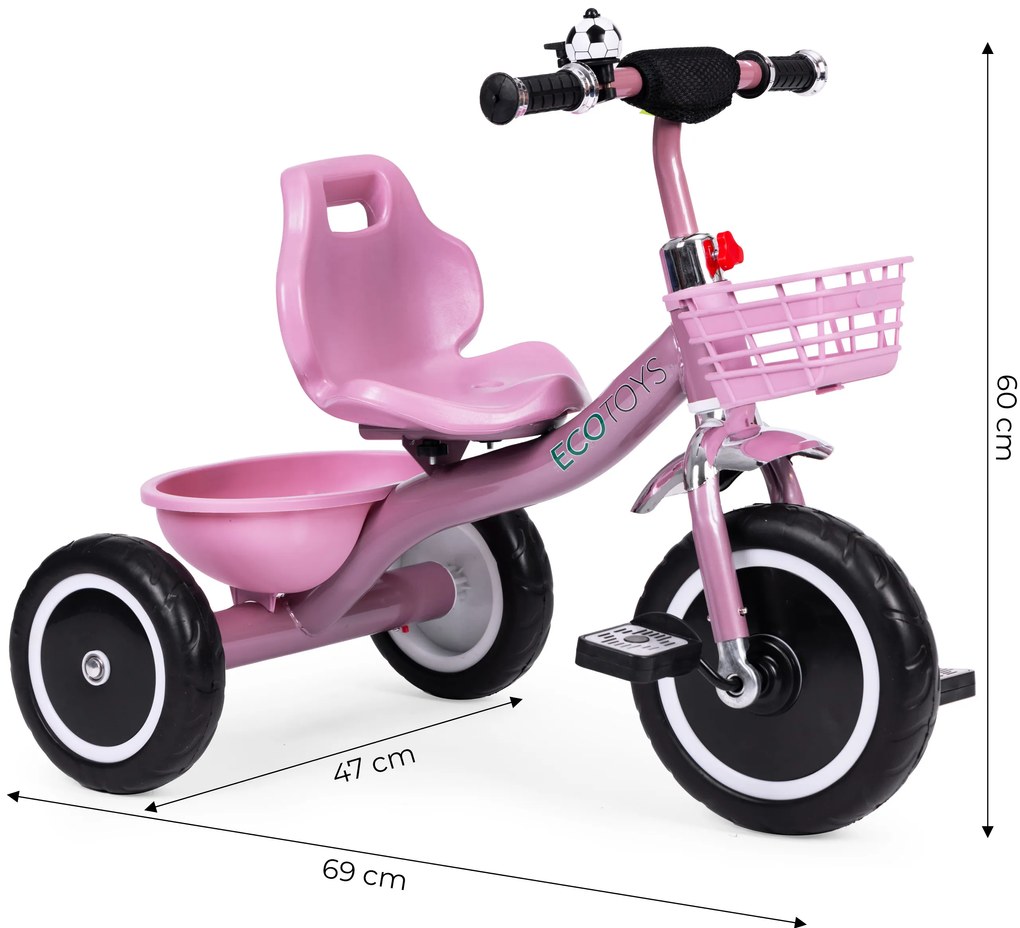 Trojkolka s košíkom a zvončekom ECOTOYS, ružová