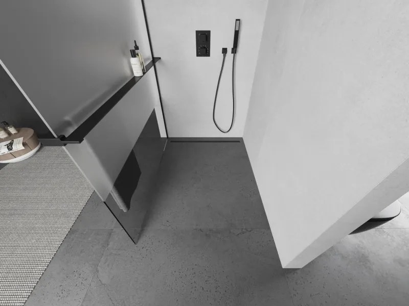 Mexen Kioto+ L, sprchová zástena Walk-In s poličkou a vešiakom 70 x 200 cm, 8mm číre sklo-námraza, čierny profil, 800-070-123-70-30