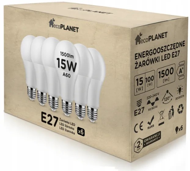 10x LED žiarovka ecoPLANET - E27 - A60 - 15W - 1500Lm - teplá biela