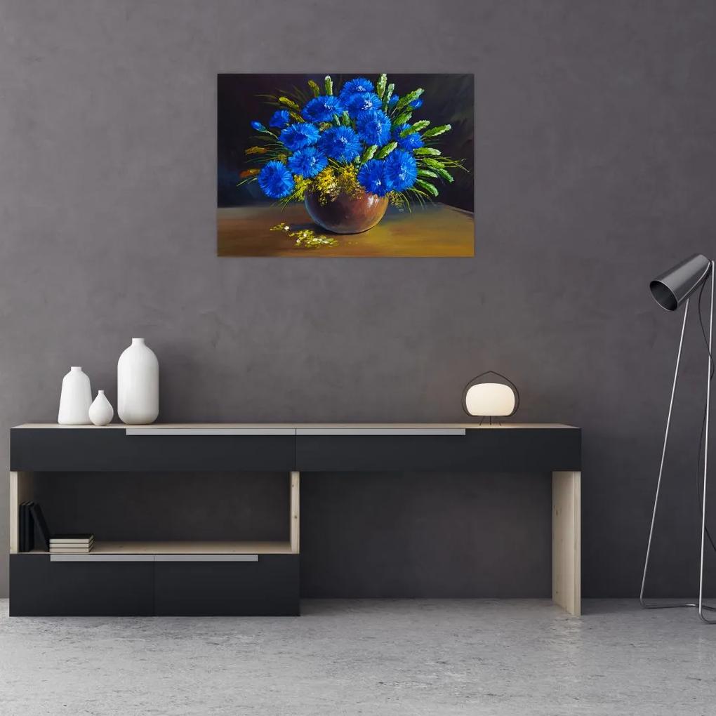 Sklenený obraz modrých kvetov vo váze (70x50 cm)