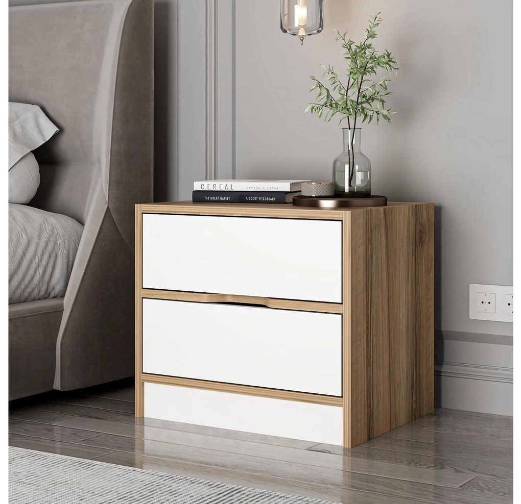 Nočný stolík Erich (orech + biela) . Akcia -21%. Vlastná spoľahlivá doprava až k Vám domov. 1102094