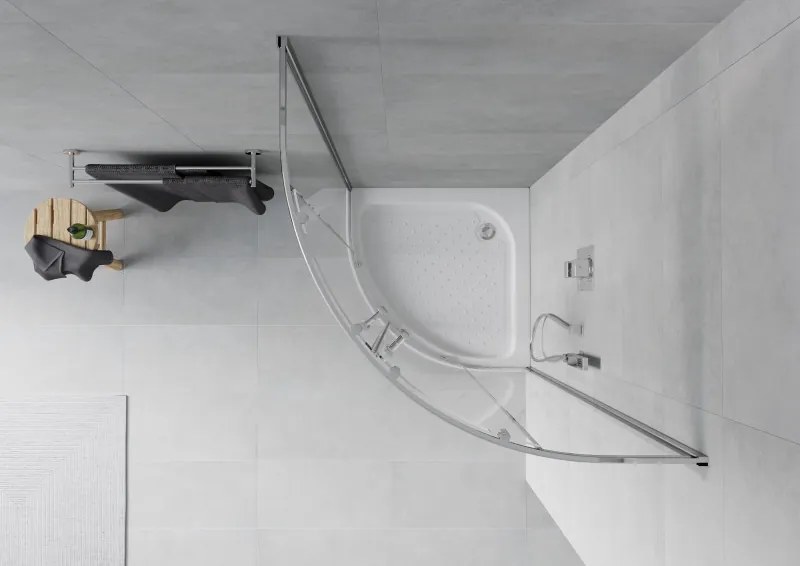 Mexen Rio, štvrťkruhový sprchový kút 90 x 90 cm, 6mm číre sklo, chrómový profil + biela sprchová vanička RIO, 863-090-090-01-00-4710