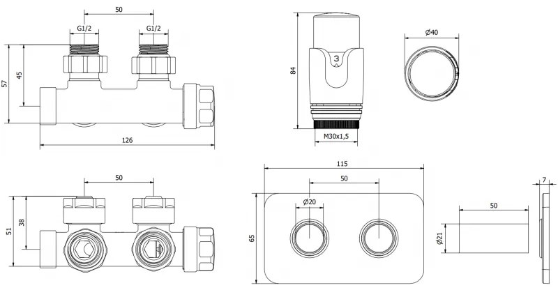 Mexen G00, uhlová termostatická súprava s hranatou krytkou, Duplex DN50, chrómová, W907-900-910-01