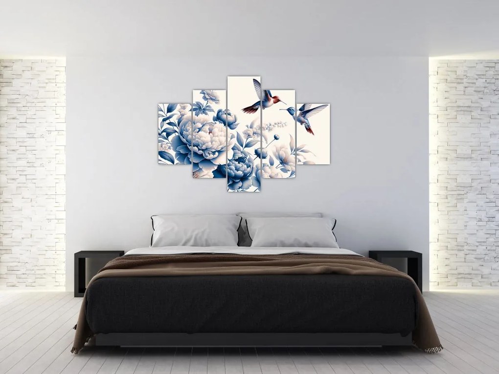 Obraz - Kolibríky nad kvetinou (150x105 cm)