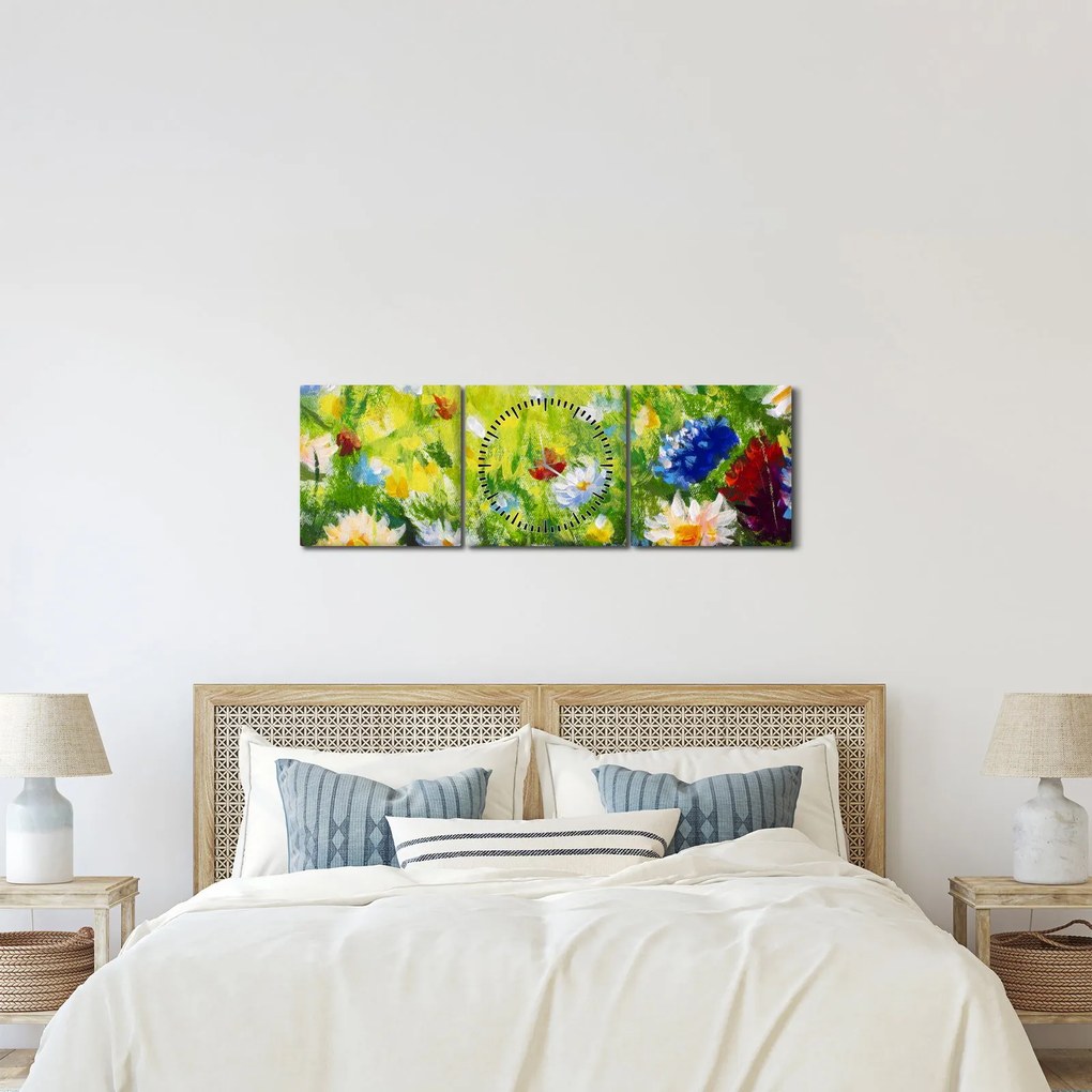Obraz rozkvitnutej lúky, olejomaľba (s hodinami) (90x30 cm)