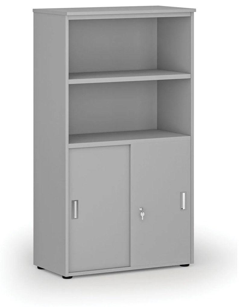 Kombinovaná kancelárska skriňa PRIMO GRAY, zasúvacie dvere na 2 poschodia, 1434 x 800 x 420 mm, sivá
