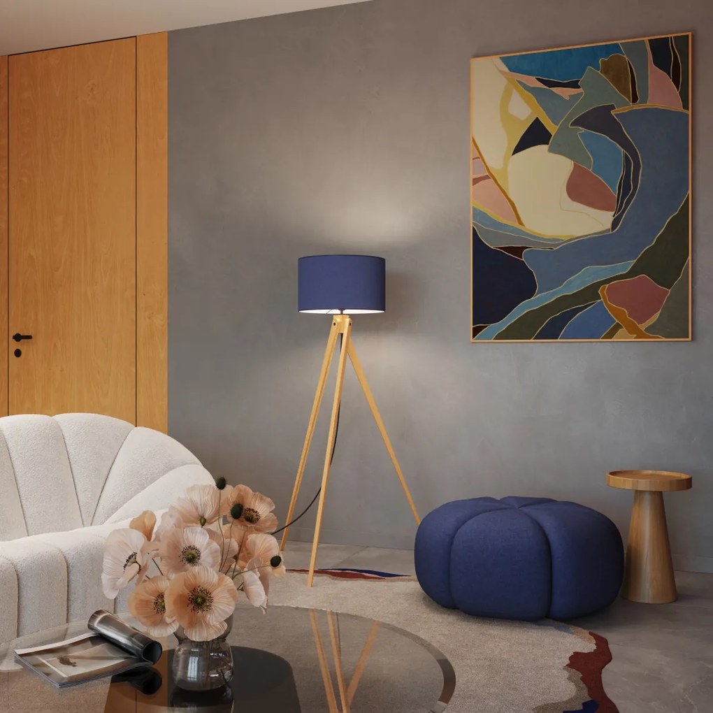 Stojacia lampa Natt, 1x modré textilné tienidlo, drevo