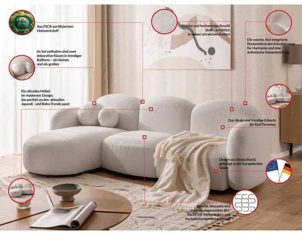 Krémová rohová pohovka z textílie buklé (ľavý roh/s leňoškou) Orbit – Ropez