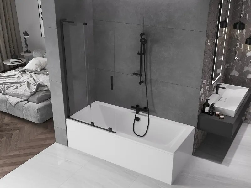 Mexen Velar L, 2-krídlová posuvná vaňová zástena 95 x 150 cm, 8mm číre sklo, čierna matná, 896-095-003-01-70
