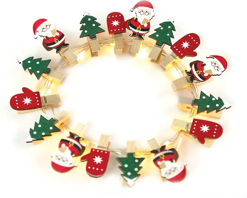 ACA DECOR LED dekoračná girlanda - Kolíčky s Vianočnými motívmi, teplá biela farba, 3xAA, 180 cm