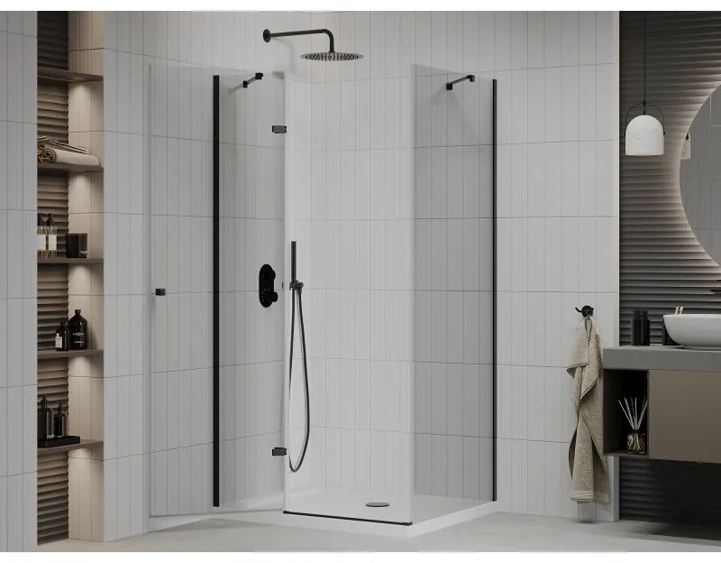 Mexen Roma, sprchovací kút s 1-krídlovými dverami 110 (dvere) x 80 (stena) cm, 6mm číre sklo, čierny profil, slim sprchová vanička 5cm biela s čiernym sifónom, 854-110-080-70-00-4010B