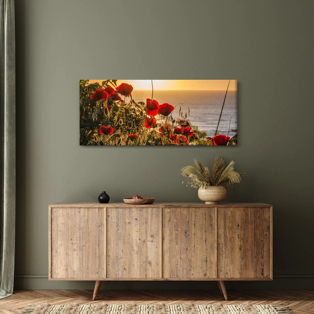 Obraz západu slnka s vlčími makmi (120x50 cm)