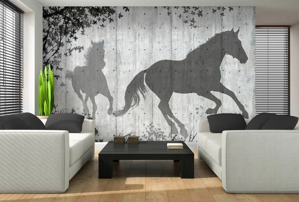 Fototapeta - Tiene koní na šedej stene (254x184 cm)