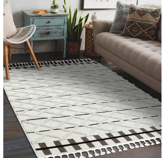 Koberec SEVILLA Y611A mreža, diamanty hnedý / biely, Maroko, Shaggy