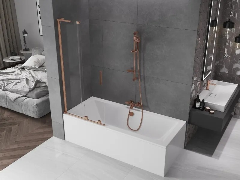 Mexen Velar L, 2-krídlová posuvná vaňová zástena 85 x 150 cm, 8mm číre sklo, medená matná, 896-085-003-01-65