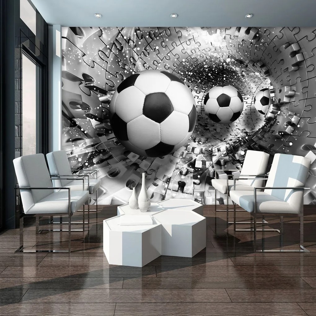 Fototapeta - Futbalové lopty v 3D puzzle tuneli (152,5x104 cm)