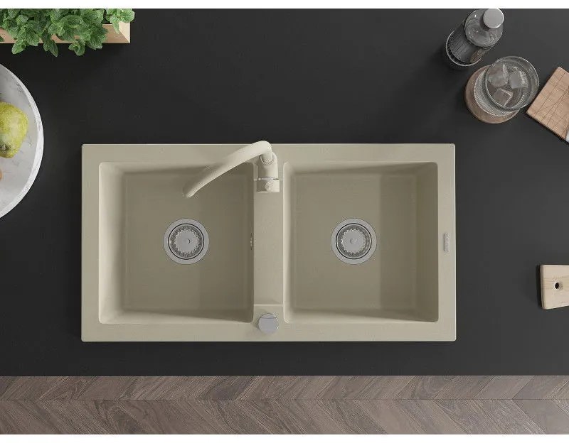 Mexen Mario, 2-komorový granitový drez 82x44 cm s kuchynskou batériou Telma, béžová, 6504-69-670200-69