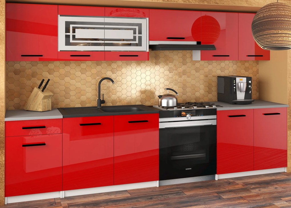 Kuchynská linka JUSTYNA 260 cm červený lesk s pracovnou doskou