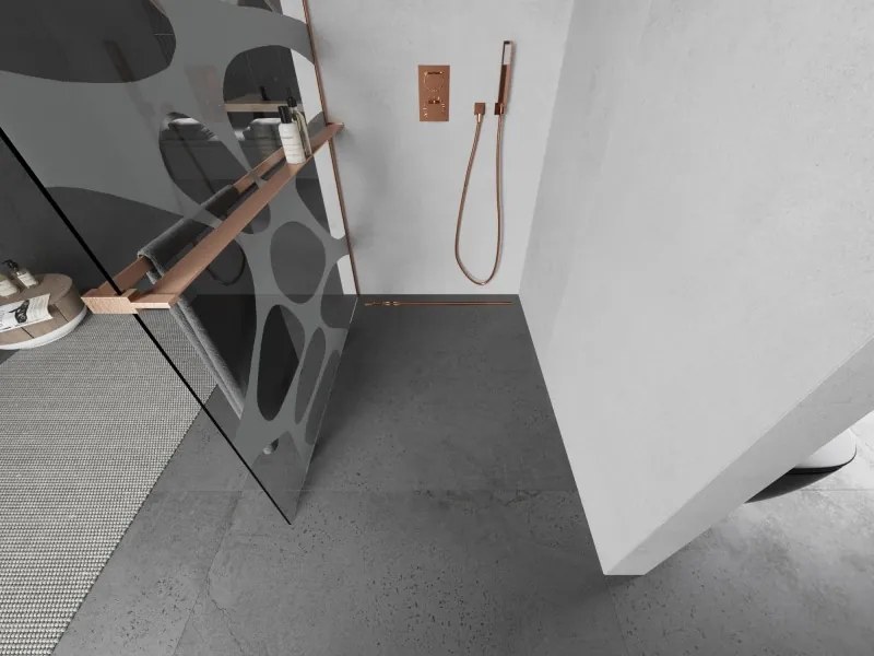 Mexen Kioto+, sprchová zástena Walk-In s poličkou a vešiakom 80 x 200 cm, 8mm číre sklo biely vzor, medený matný profil, 800-080-121-65-97
